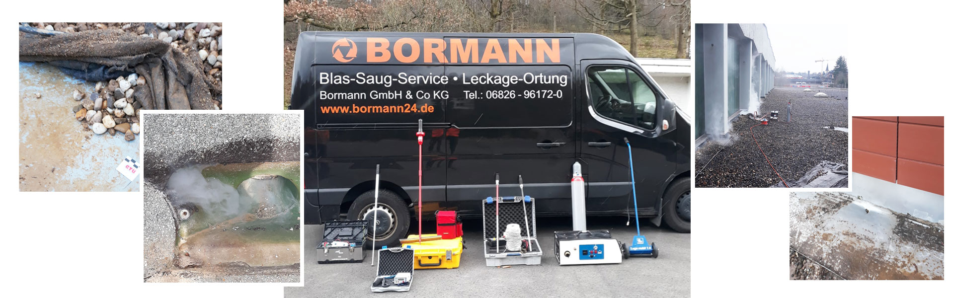 Firmenfahrzeug der Firma Bormann mit unterschiedlichen Prüfgeräten zur Leckageortung für Flachdächer wird dargestellt